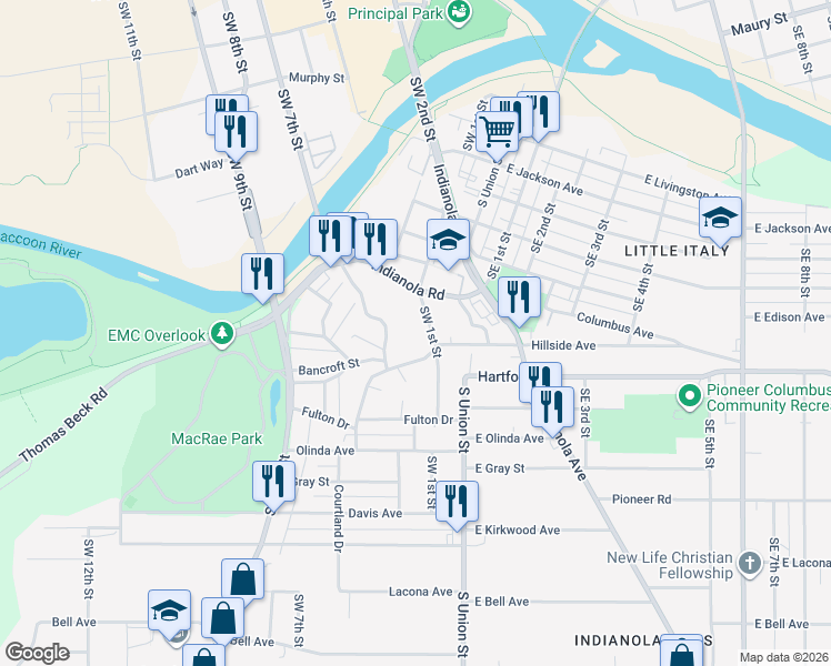 map of restaurants, bars, coffee shops, grocery stores, and more near 1946 Southwest 1st Street in Des Moines