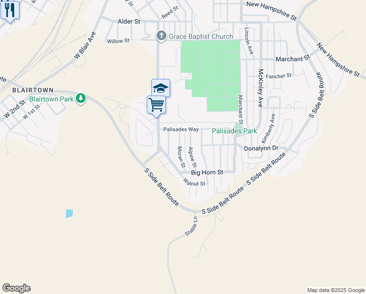 map of restaurants, bars, coffee shops, grocery stores, and more near 1360 Moran St in Rock Springs