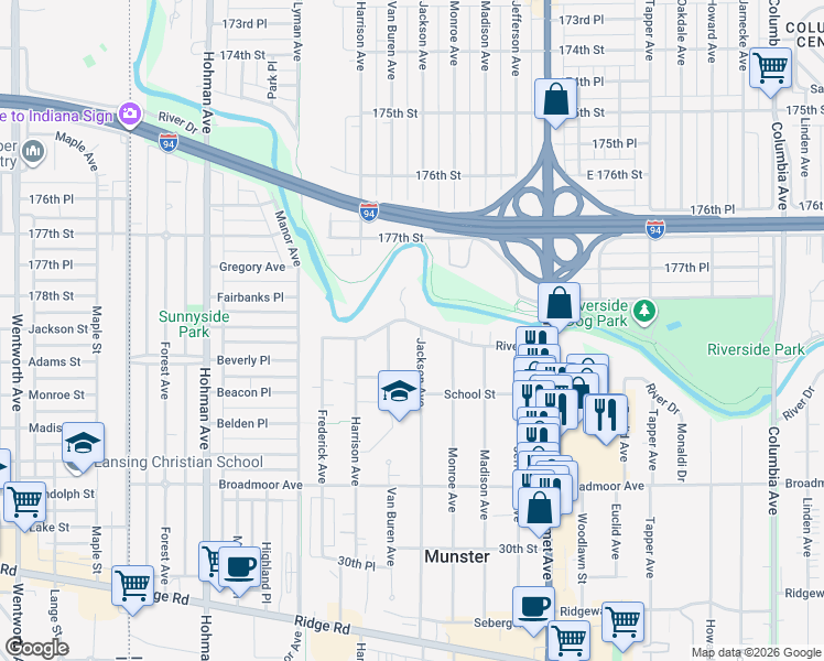 map of restaurants, bars, coffee shops, grocery stores, and more near 7826 Jackson Ave in Munster