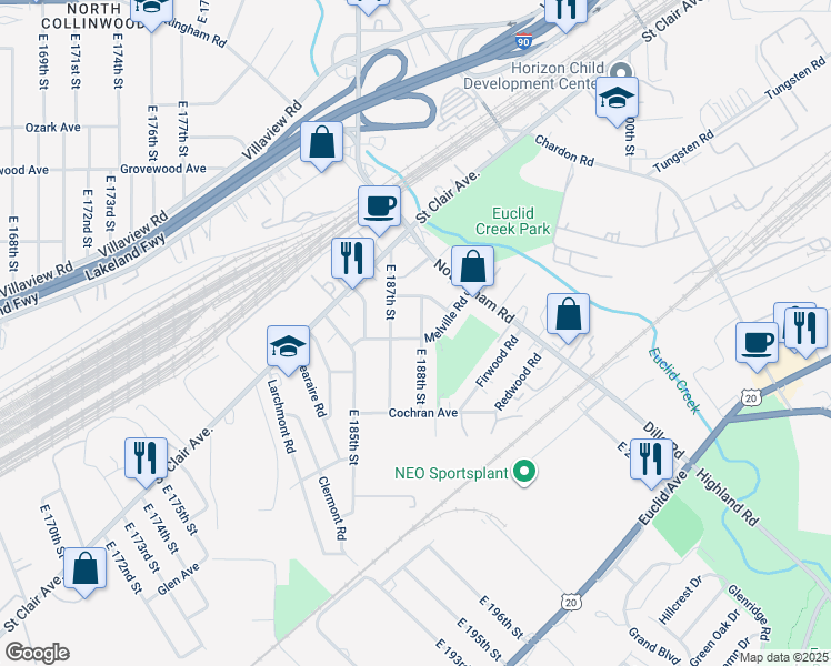 map of restaurants, bars, coffee shops, grocery stores, and more near 1318 East 188th Street in Cleveland