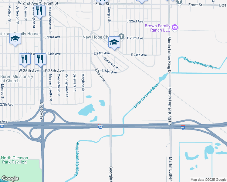 map of restaurants, bars, coffee shops, grocery stores, and more near 2607-11 Georgia Street in Gary