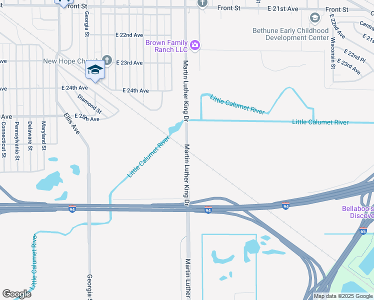 map of restaurants, bars, coffee shops, grocery stores, and more near Martin Luther King Drive in Gary