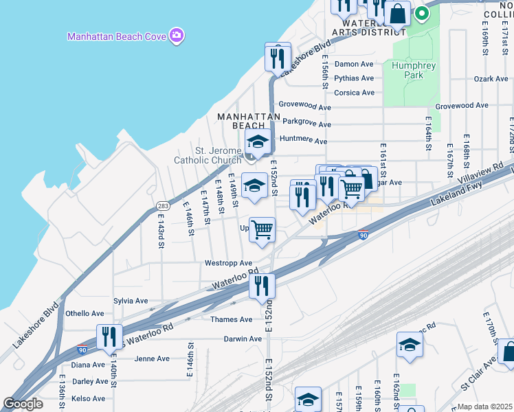 map of restaurants, bars, coffee shops, grocery stores, and more near 410 East 152nd Street in Cleveland