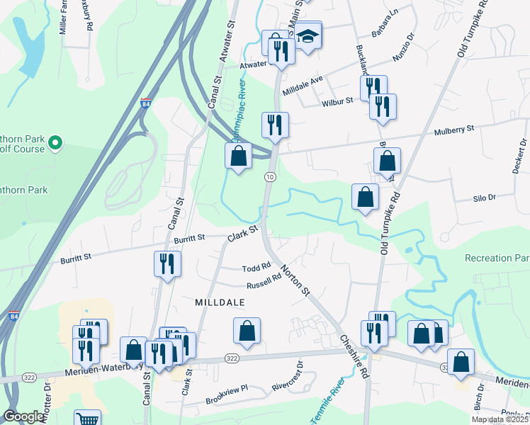 map of restaurants, bars, coffee shops, grocery stores, and more near 1331 South Main Street in Meriden
