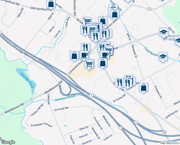 map of restaurants, bars, coffee shops, grocery stores, and more near 99 Linwood Avenue in Colchester
