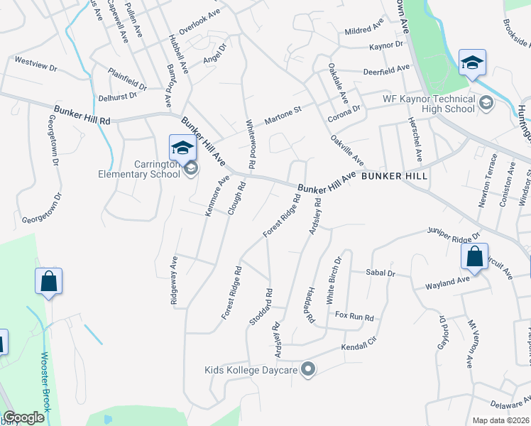 map of restaurants, bars, coffee shops, grocery stores, and more near 55 Jillson Circle in Waterbury