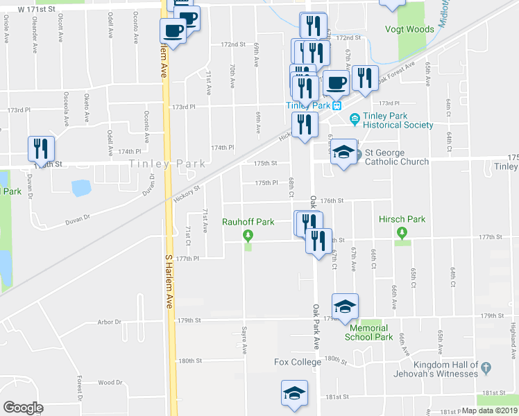 map of restaurants, bars, coffee shops, grocery stores, and more near 6907 176th Street in Tinley Park