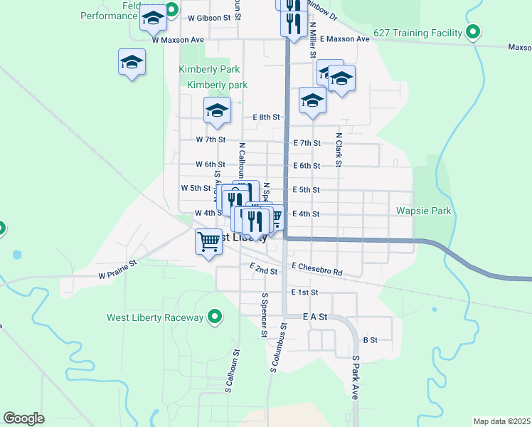 map of restaurants, bars, coffee shops, grocery stores, and more near 200 East 4th Street in West Liberty