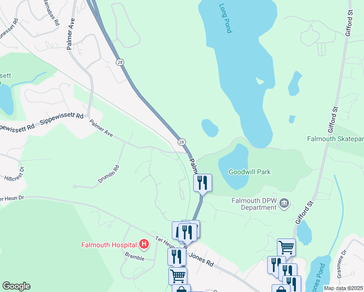 map of restaurants, bars, coffee shops, grocery stores, and more near 3 West Falmouth Highway in Falmouth