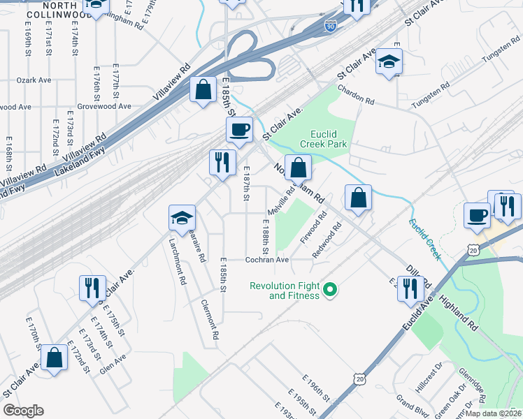 map of restaurants, bars, coffee shops, grocery stores, and more near 1318 East 188th Street in Cleveland