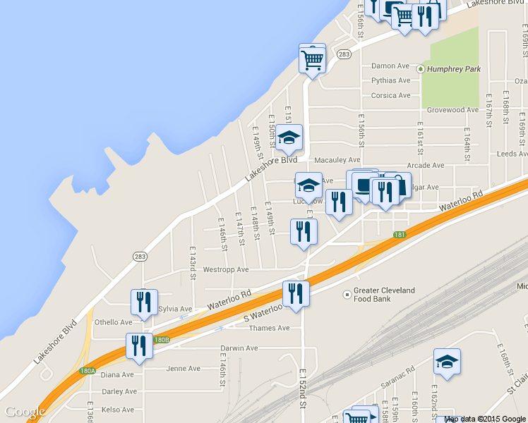 map of restaurants, bars, coffee shops, grocery stores, and more near 432 East 149th Street in Cleveland