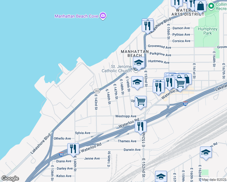 map of restaurants, bars, coffee shops, grocery stores, and more near 395 East 146th Street in Cleveland