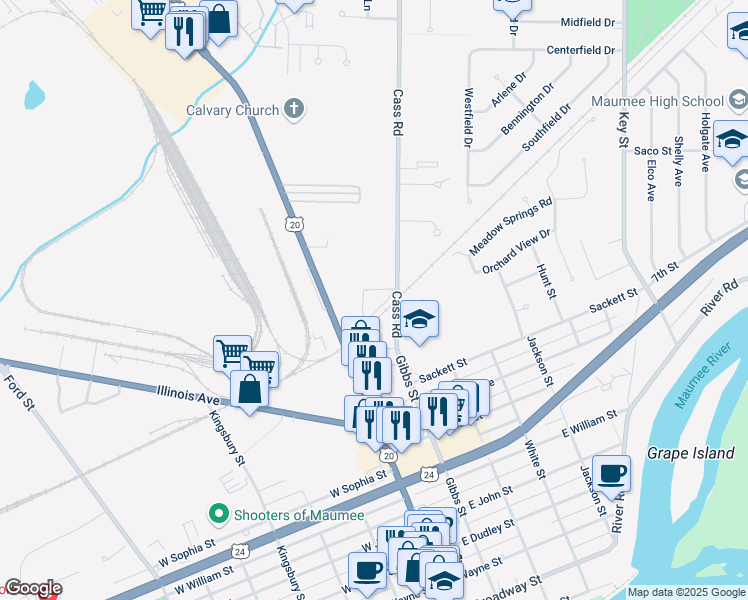 map of restaurants, bars, coffee shops, grocery stores, and more near 1205 Cass Road in Maumee