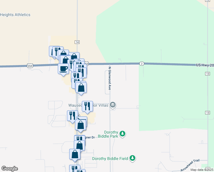 map of restaurants, bars, coffee shops, grocery stores, and more near 1407 Clermont Drive in Wauseon