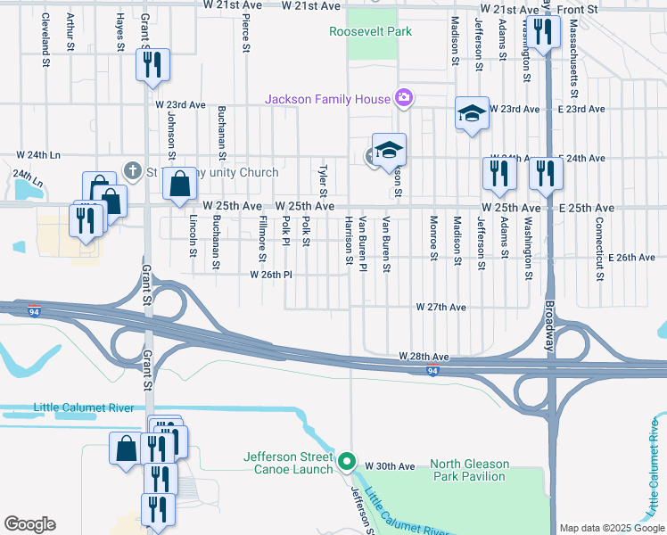 map of restaurants, bars, coffee shops, grocery stores, and more near 2652 Harrison Street in Gary