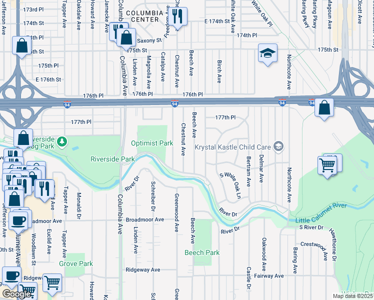 map of restaurants, bars, coffee shops, grocery stores, and more near 7818 Chestnut Avenue in Hammond