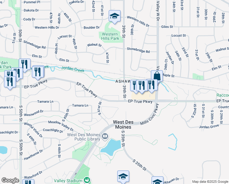 map of restaurants, bars, coffee shops, grocery stores, and more near 3901 E P. True Pkwy in West Des Moines