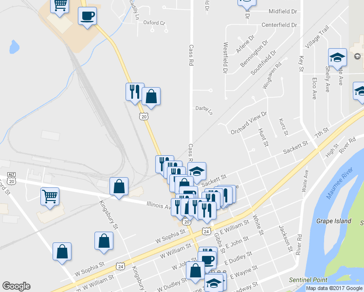 map of restaurants, bars, coffee shops, grocery stores, and more near 1205 Cass Road in Maumee
