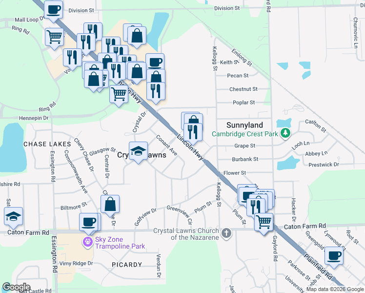 map of restaurants, bars, coffee shops, grocery stores, and more near 2540 Plainfield Road in Crest Hill