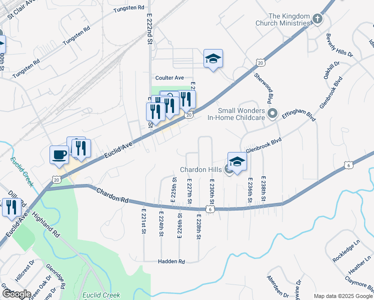 map of restaurants, bars, coffee shops, grocery stores, and more near 22701 Overlook Drive in Euclid