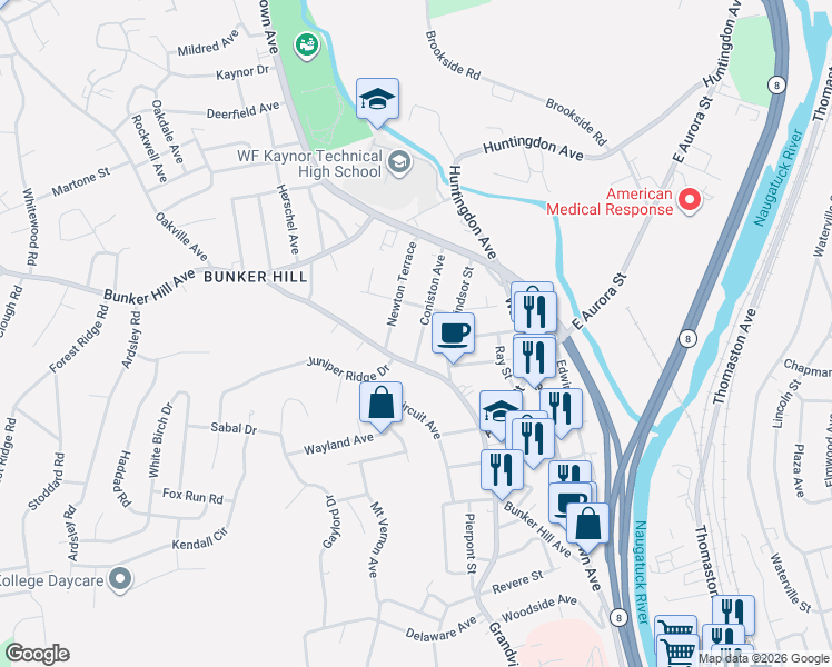 map of restaurants, bars, coffee shops, grocery stores, and more near 98 Coniston Avenue in Waterbury