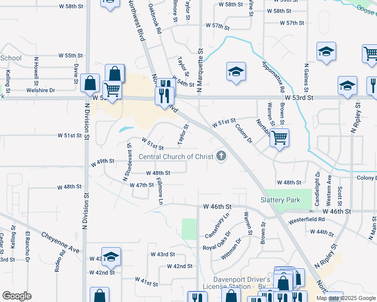map of restaurants, bars, coffee shops, grocery stores, and more near 1343 West 51st Street in Davenport