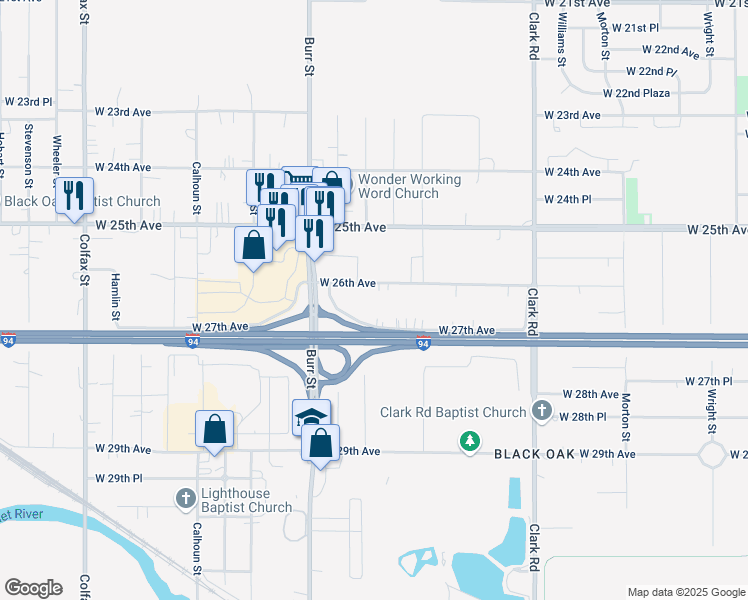 map of restaurants, bars, coffee shops, grocery stores, and more near 5119 West 26th Avenue in Gary