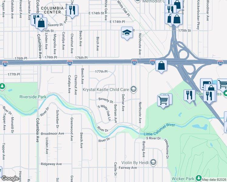 map of restaurants, bars, coffee shops, grocery stores, and more near 7827 Bertram Avenue in Hammond