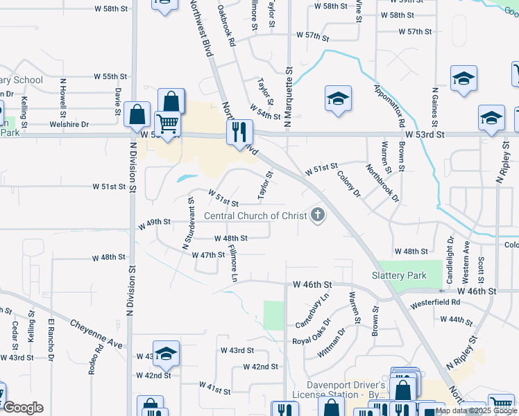 map of restaurants, bars, coffee shops, grocery stores, and more near 1343 West 51st Street in Davenport