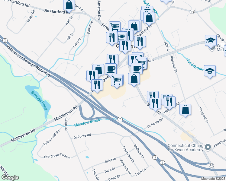 map of restaurants, bars, coffee shops, grocery stores, and more near 99 Linwood Avenue in Colchester