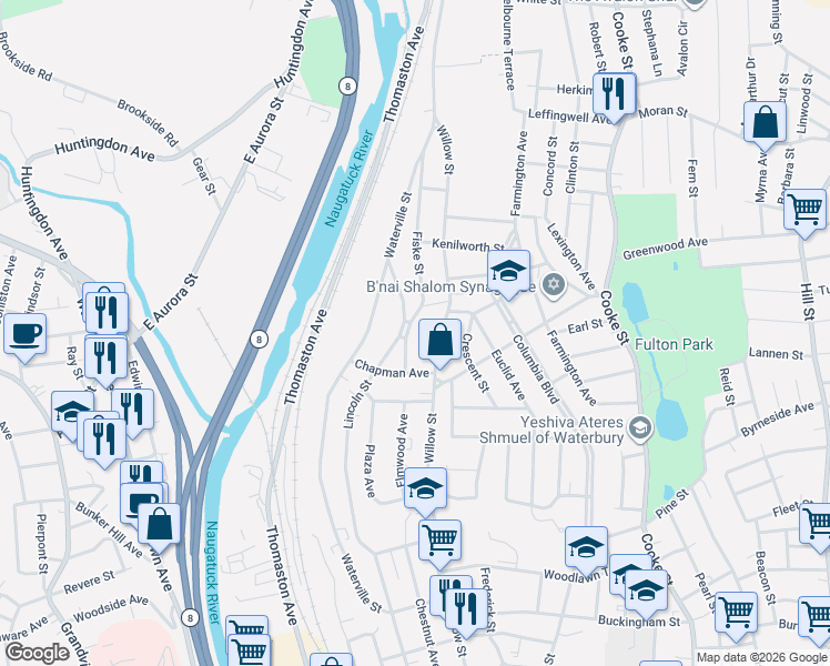 map of restaurants, bars, coffee shops, grocery stores, and more near 42 Fiske Street in Waterbury
