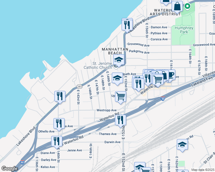 map of restaurants, bars, coffee shops, grocery stores, and more near 432 East 149th Street in Cleveland