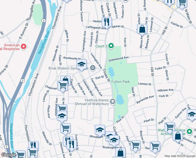 map of restaurants, bars, coffee shops, grocery stores, and more near 30 Kaytonne Avenue in Waterbury