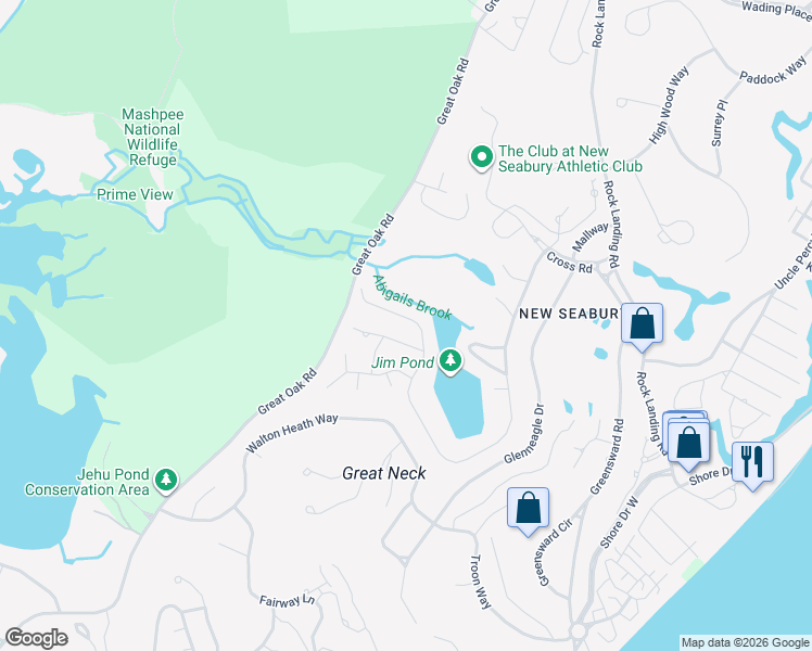 map of restaurants, bars, coffee shops, grocery stores, and more near 41 Fells Pond Road in Mashpee