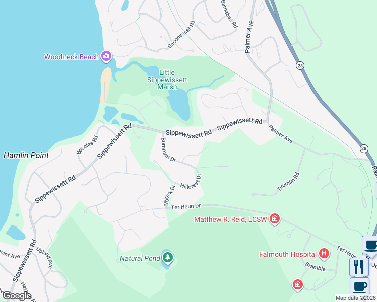map of restaurants, bars, coffee shops, grocery stores, and more near 22 Shanks Pond Road in Falmouth