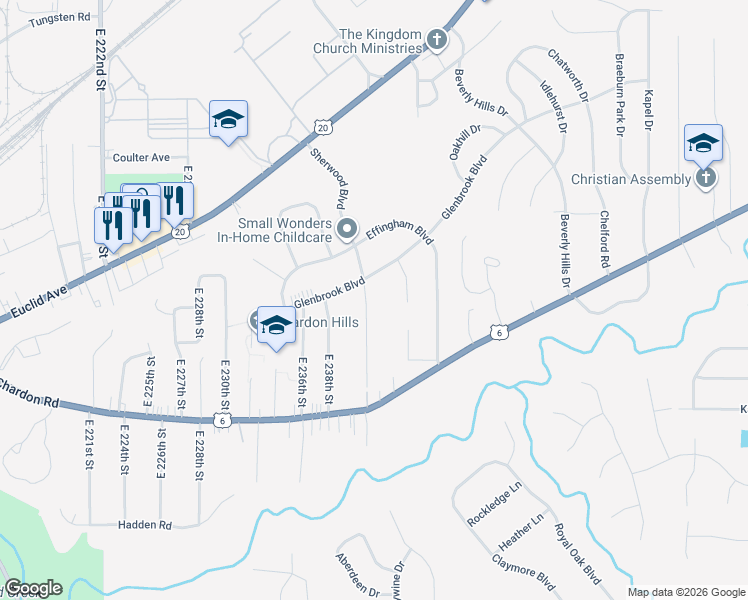 map of restaurants, bars, coffee shops, grocery stores, and more near 1705 Sherwood Boulevard in Euclid