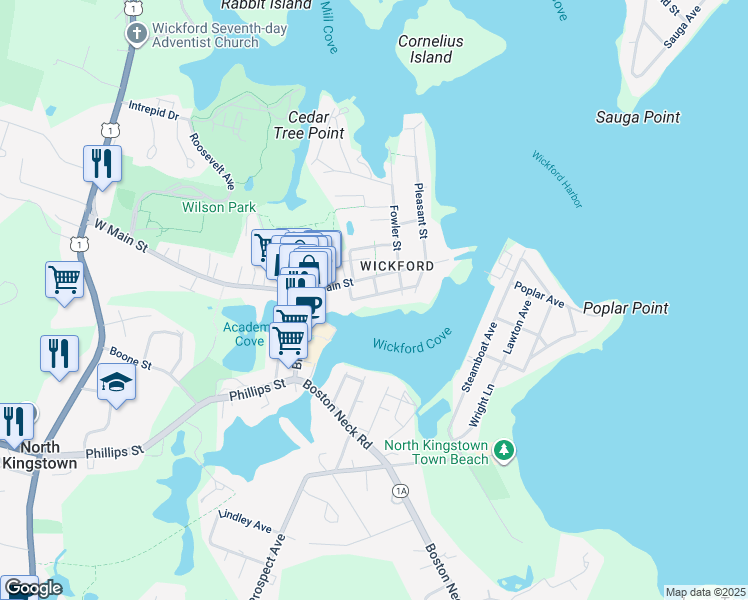 map of restaurants, bars, coffee shops, grocery stores, and more near 23 Washington Street in North Kingstown