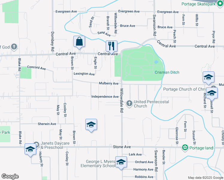 map of restaurants, bars, coffee shops, grocery stores, and more near 2792 Brandt Street in Portage