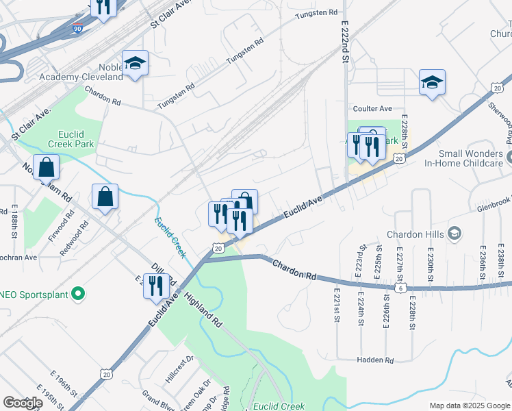 map of restaurants, bars, coffee shops, grocery stores, and more near 1540 East 212th Street in Euclid