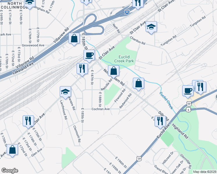 map of restaurants, bars, coffee shops, grocery stores, and more near 19000 Melville Road in Cleveland