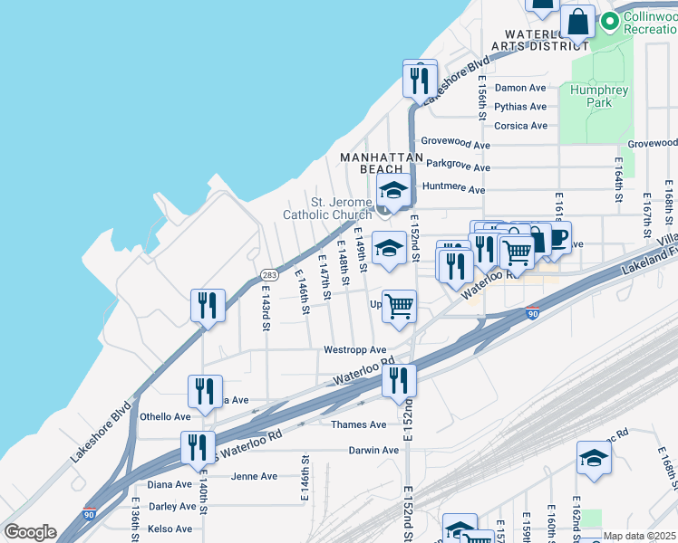 map of restaurants, bars, coffee shops, grocery stores, and more near 423 East 147th Street in Cleveland