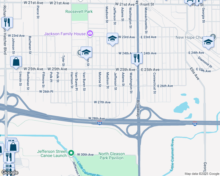 map of restaurants, bars, coffee shops, grocery stores, and more near 2620 Jefferson St in Gary