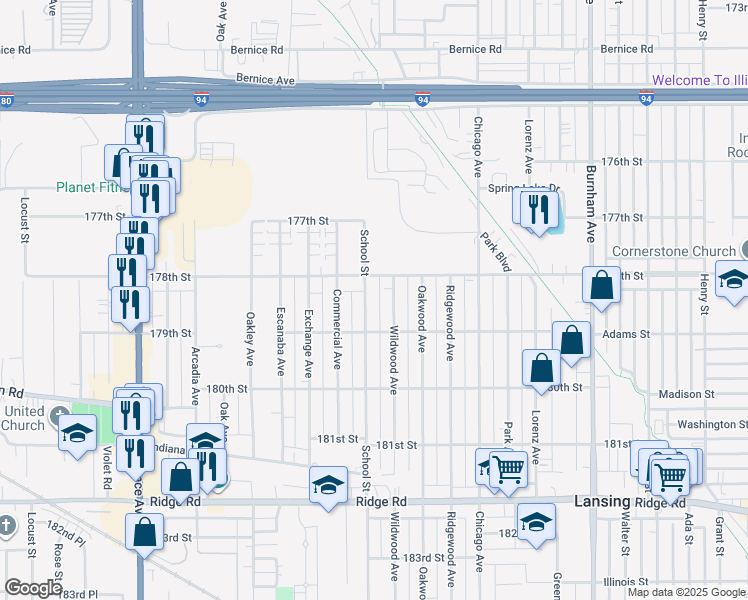 map of restaurants, bars, coffee shops, grocery stores, and more near 17835 School Street in Lansing