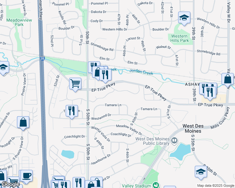 map of restaurants, bars, coffee shops, grocery stores, and more near 4700 EP True Parkway in West Des Moines