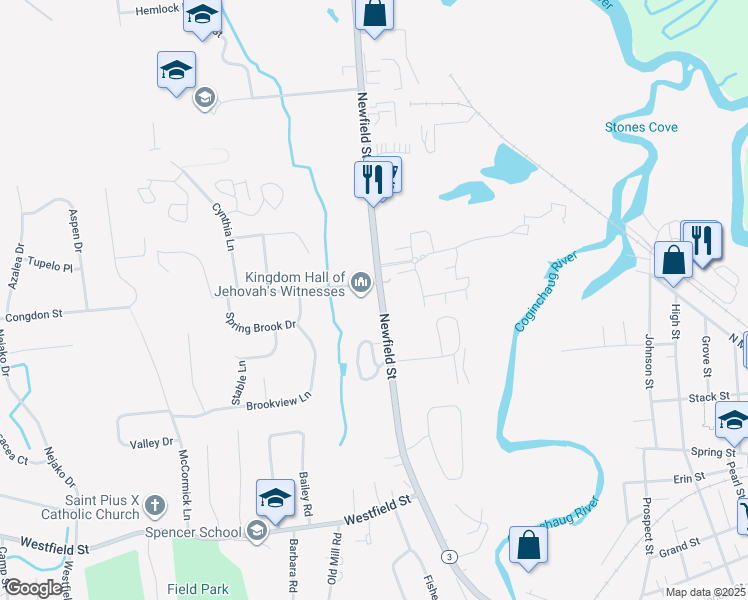 map of restaurants, bars, coffee shops, grocery stores, and more near 449 Newfield Street in Middletown