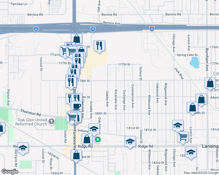 map of restaurants, bars, coffee shops, grocery stores, and more near 17825 Oakley Avenue in Lansing