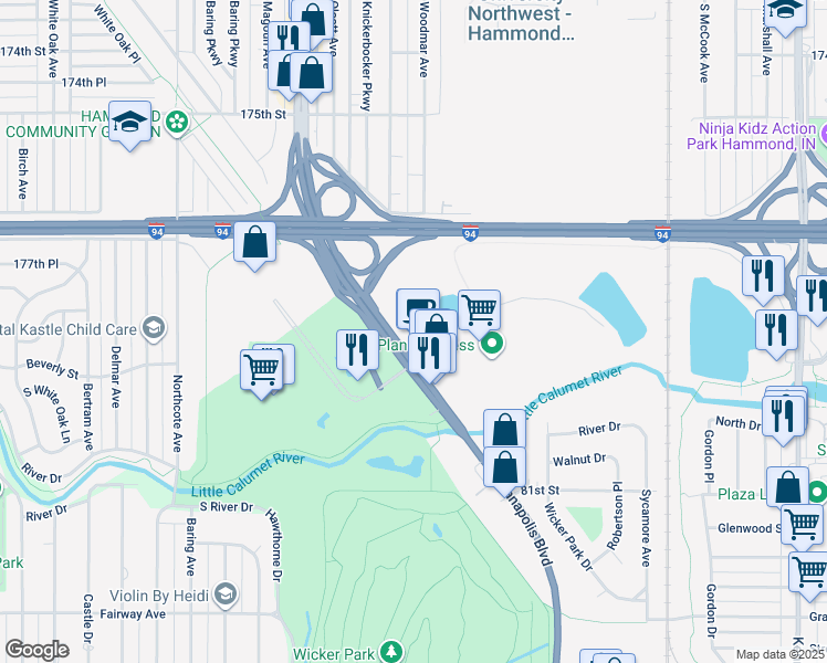 map of restaurants, bars, coffee shops, grocery stores, and more near 7843 Indianapolis Boulevard in Hammond