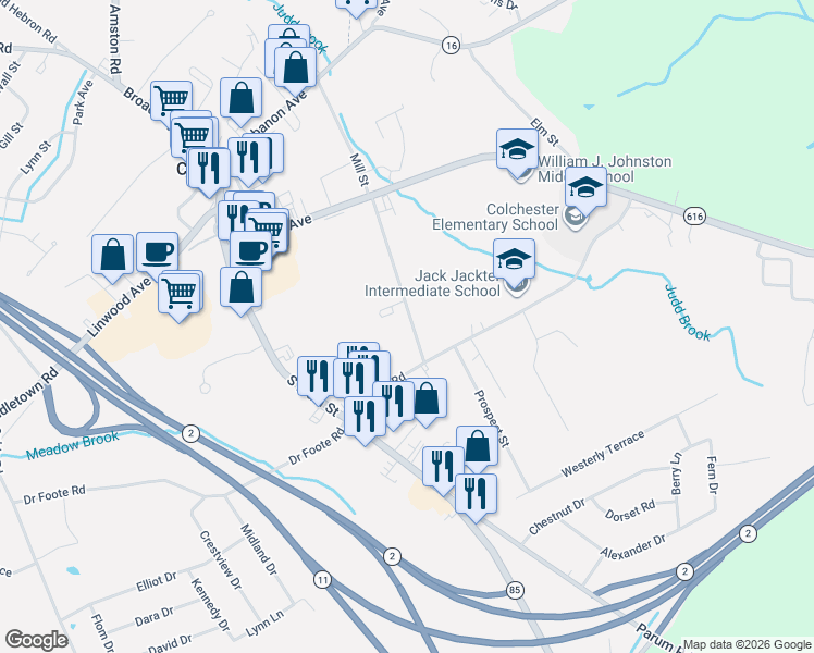 map of restaurants, bars, coffee shops, grocery stores, and more near 148 Pleasant Street in Colchester