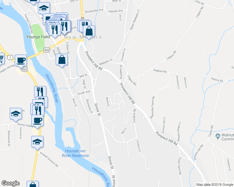 map of restaurants, bars, coffee shops, grocery stores, and more near 146 Beard Drive in New Milford