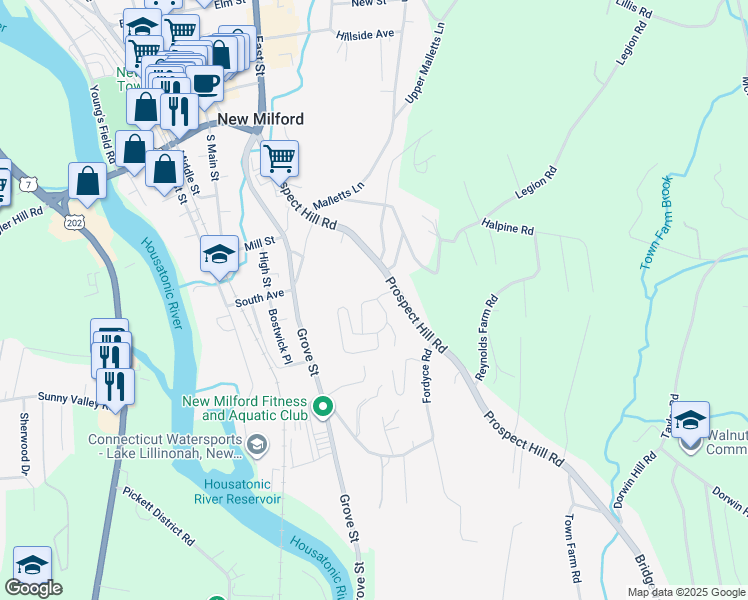 map of restaurants, bars, coffee shops, grocery stores, and more near 91 Beard Drive in New Milford
